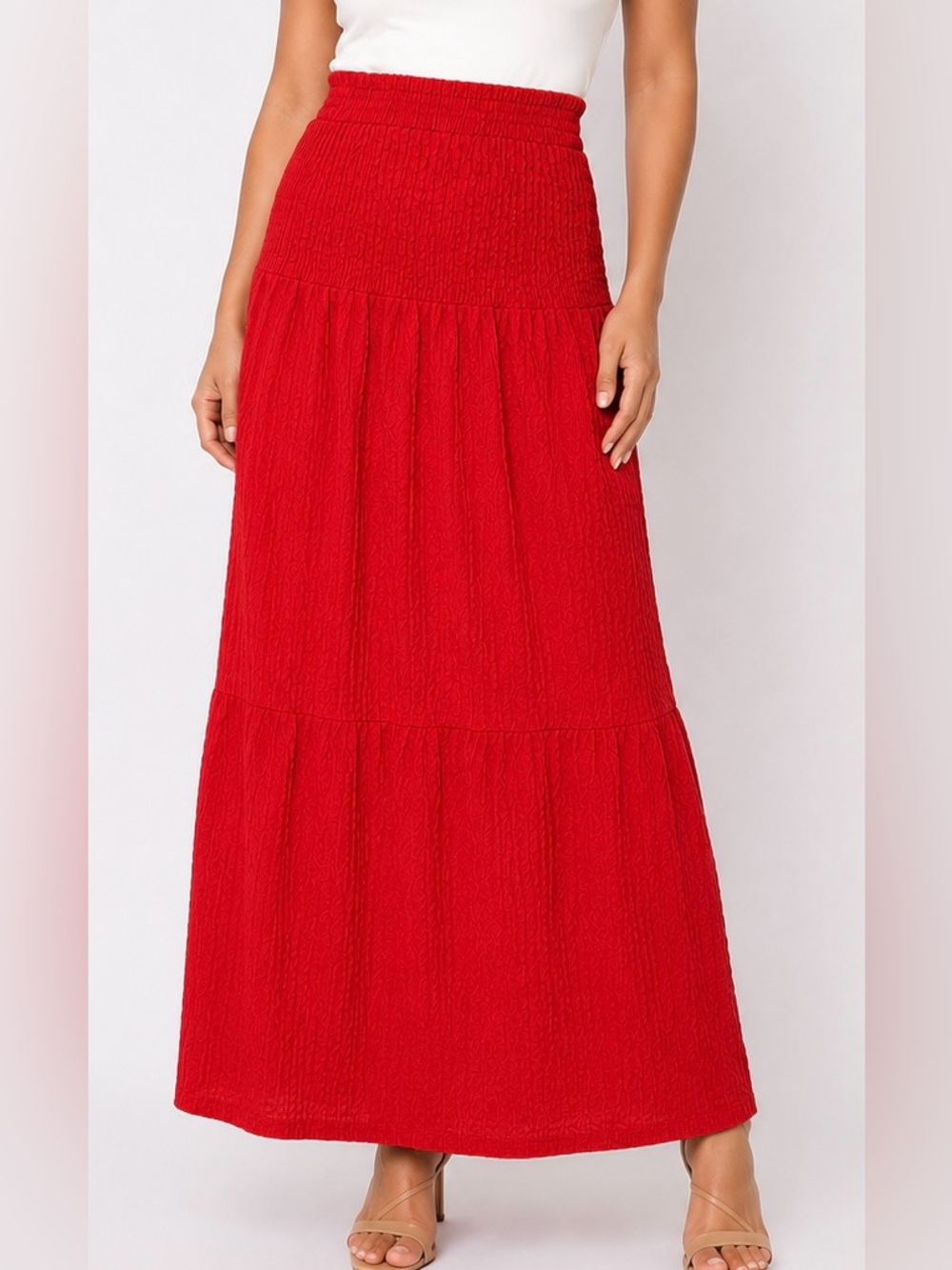Timing Brand Red Tiered Maxi Skirt | Boho Cottagecore Elastic Waist | Size LG